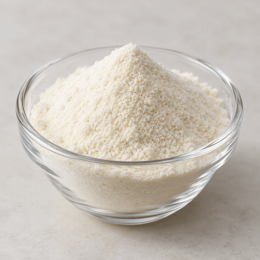 Fine white to pale cream collagen supplement powder sits as a loose mound in a small clear glass bowl, with a smooth, dry, slightly granular surface.