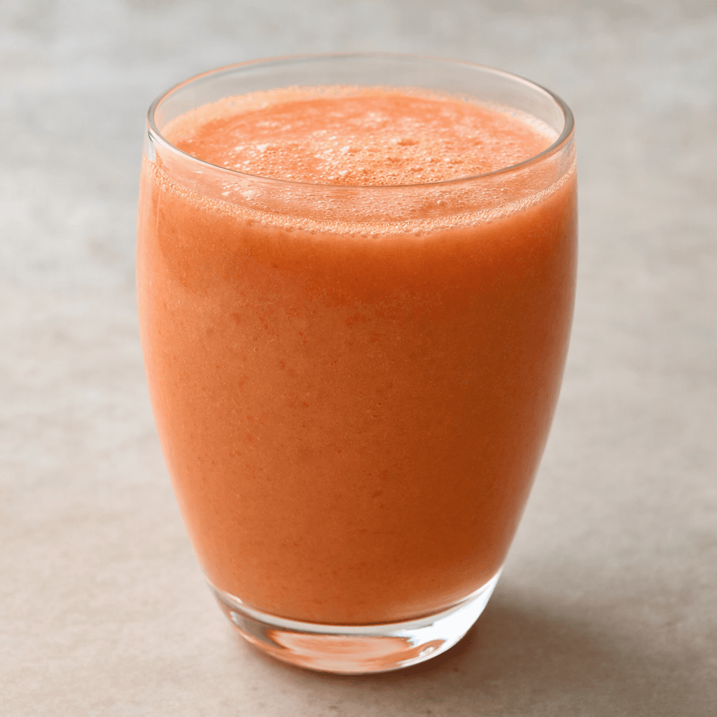 A glass holds an opaque pink-orange mixed-fruit drink with a smooth surface and a light layer of fine bubbles.