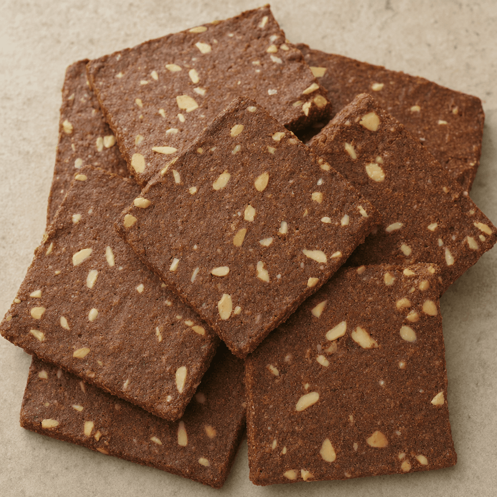 Flat, roughly rectangular dark-brown crackers with a dry, slightly uneven surface and visible pieces of pale almond scattered throughout.