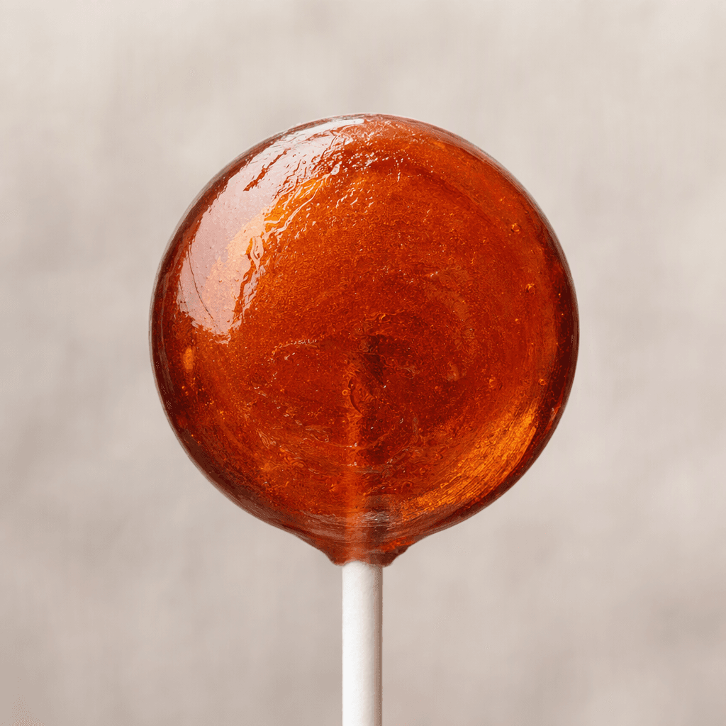 A glossy, translucent deep amber-brown hard candy with a smooth, round shape sits on a short white stick.