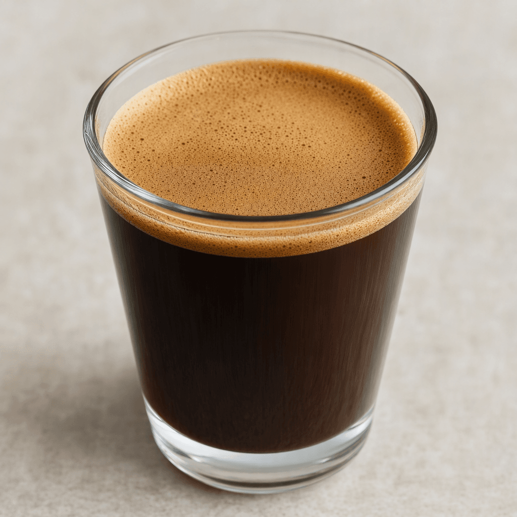 A dark brown coffee with a smooth surface and a light layer of fine foam, served in a clear glass.
