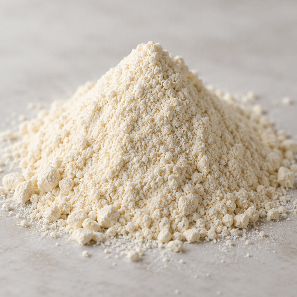 A small mound of fine, pale cream-colored powder with a dry, soft texture sits on a plain surface.