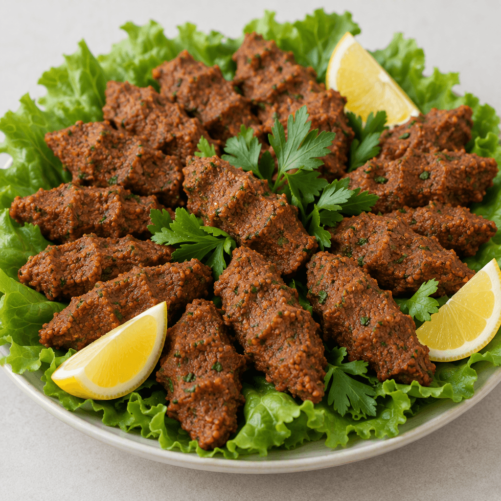 Deep reddish-brown, finely textured bulgur-and-pepper mixture is hand-formed into small ridged oblong pieces and arranged on green lettuce leaves with lemon wedges and parsley.