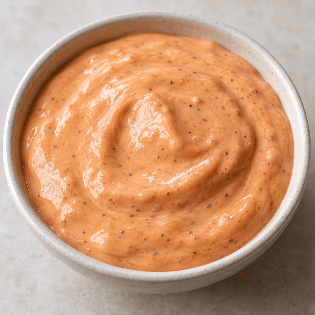 A thick, smooth, pale orange-pink sauce sits in a small glossy pool, with a few tiny darker flecks visible throughout.