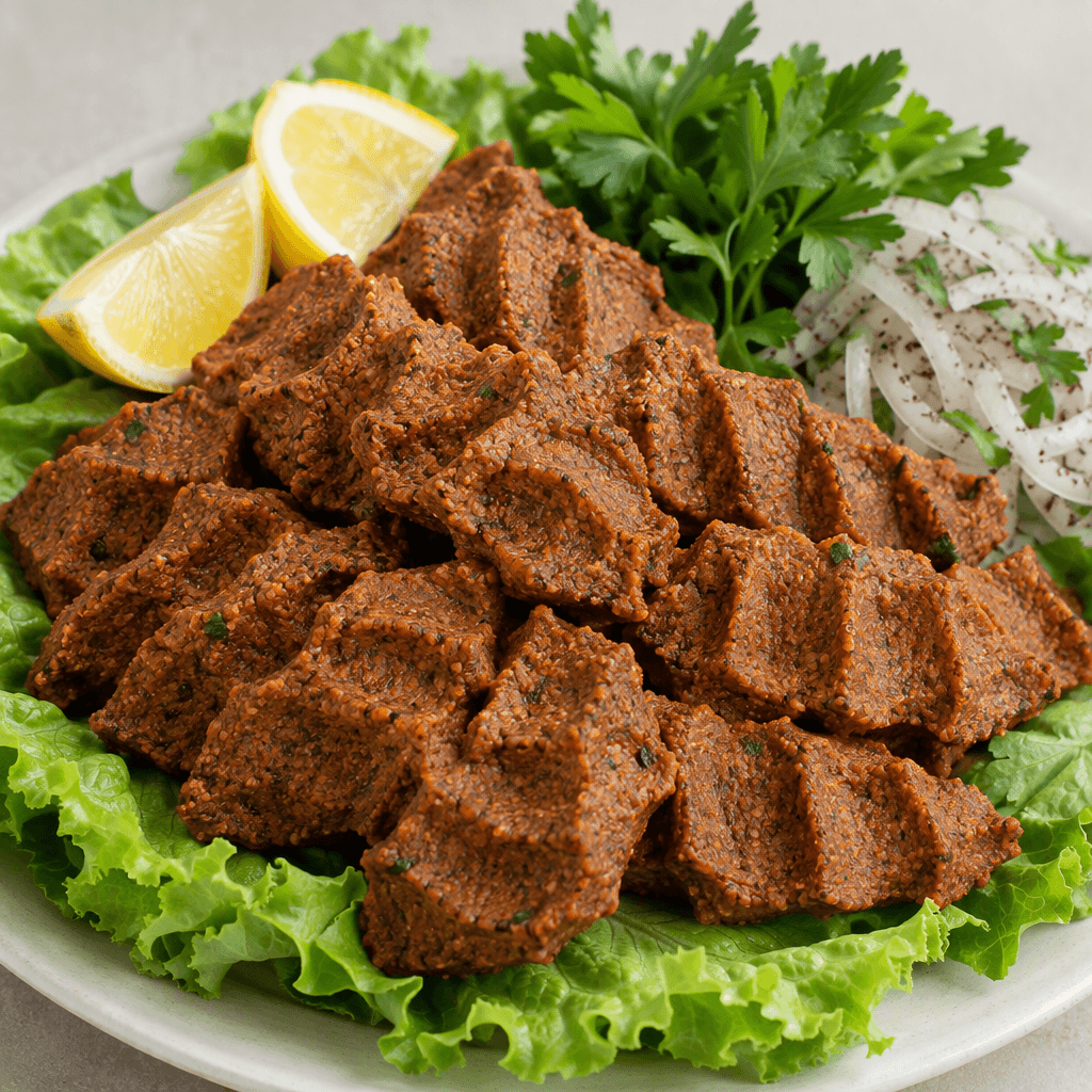 Reddish-brown, hand-pressed bulgur portions with a dense, slightly coarse texture and ridged finger marks are arranged on green lettuce leaves with lemon wedges, parsley and thin onion slices beside them.