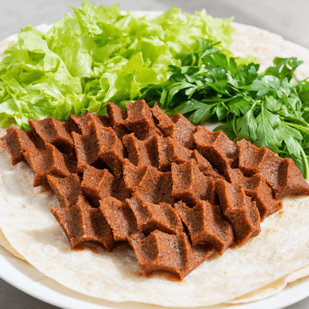 Small ridged portions of deep red-brown bulgur paste are arranged on thin, pale lavash, with fresh green lettuce and parsley alongside.