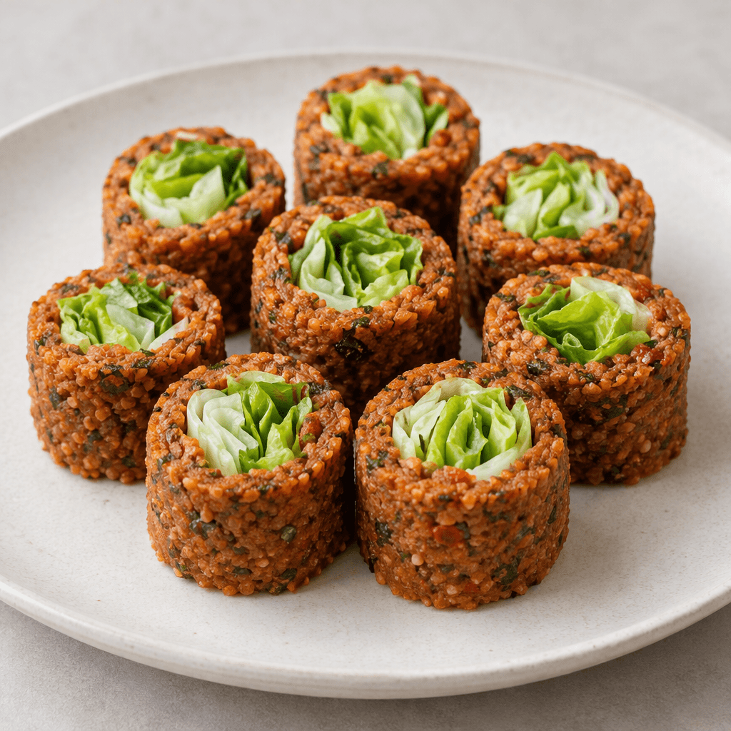 Bite-size sushi-shaped rolls of finely textured reddish-brown bulgur mixture are cut into neat rounds and arranged on a plate, with pale green lettuce visible in the centers.