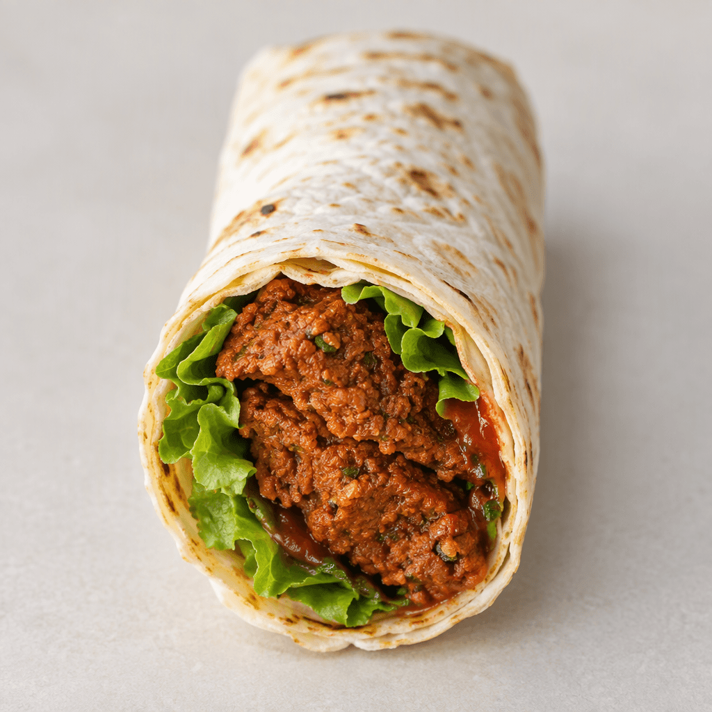 A thin lavash wrap, rolled around a generous double portion of reddish-brown, finely textured bulgur paste, with leafy greens and a little red sauce visible at the open end.
