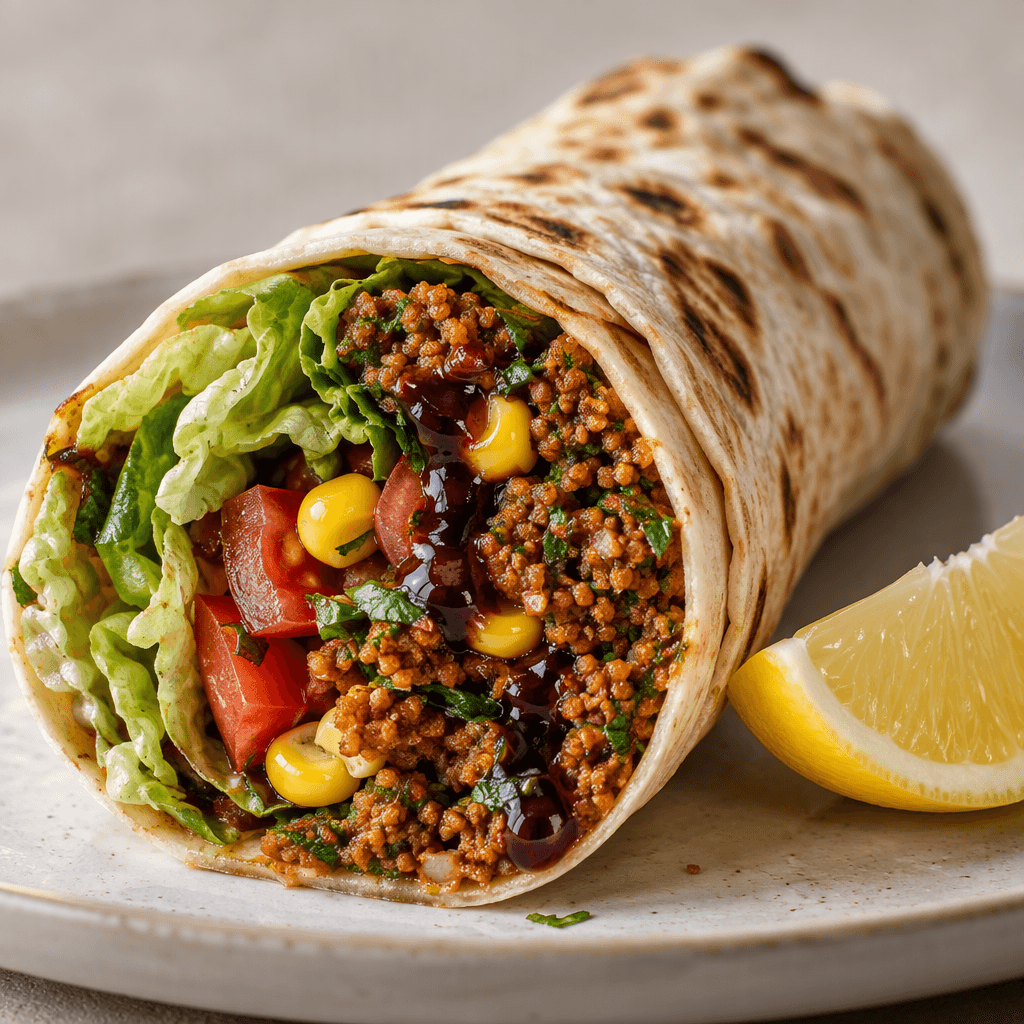 A thin flatbread wrap, rolled around a dense reddish-brown bulgur mixture with visible lettuce, yellow corn kernels and red tomato, with glossy dark pomegranate sauce along the filling and a lemon wedge beside it.