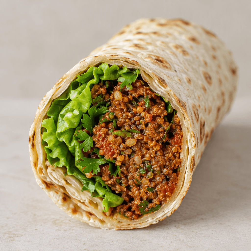 A large, tightly rolled thin flatbread wrap, sliced at an angle to reveal a dense reddish-brown, grainy filling with bright green lettuce and herbs tucked inside.
