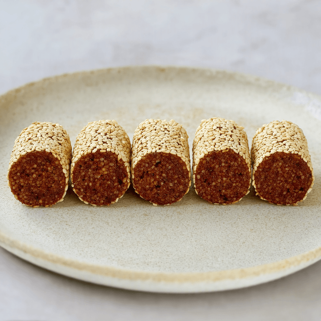Small, neatly cut cylinders of deep reddish-brown, finely textured bulgur mixture are coated with pale sesame seeds and arranged in a row, with the compact mixture visible at each cut end.