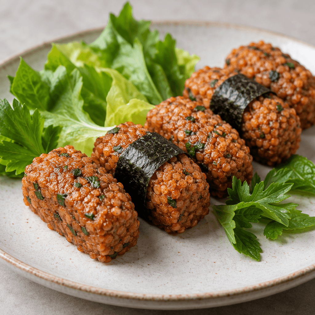 Bite-sized sushi-shaped pieces of finely textured reddish-brown bulgur paste are arranged in a row, with dark green seaweed around some pieces and fresh green leaves alongside.