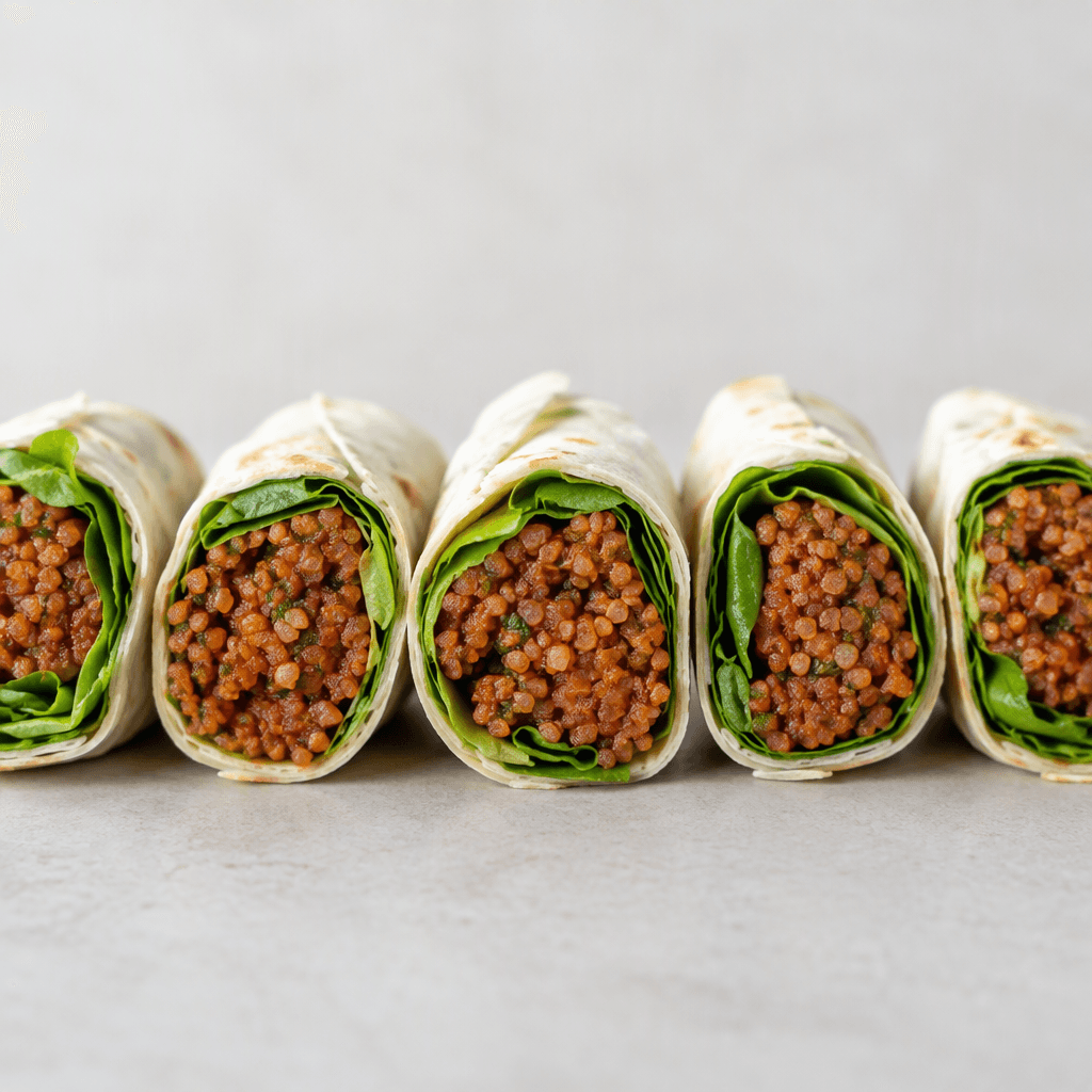 Bite-sized, sushi-style pieces of finely grainy reddish-brown bulgur mixture are arranged in a row, with pale wrap and crisp green leaves visible around the filling.