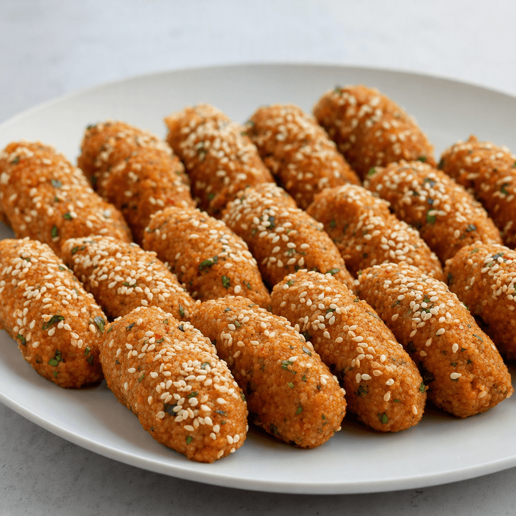 Short, bite-sized rolls of reddish-brown bulgur mixture are coated in pale sesame seeds and arranged in a row on a plate.