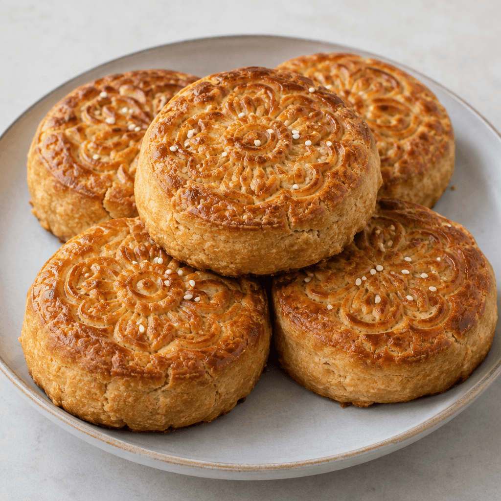 Round, thick golden-brown pastries with an embossed decorative surface, a firm crumbly texture, and a few visible sesame seeds, arranged on a serving plate.