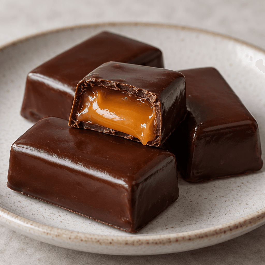 Glossy, dark-brown rectangular chocolate pieces are arranged on a plate, with one cut open to reveal a smooth amber caramel filling.