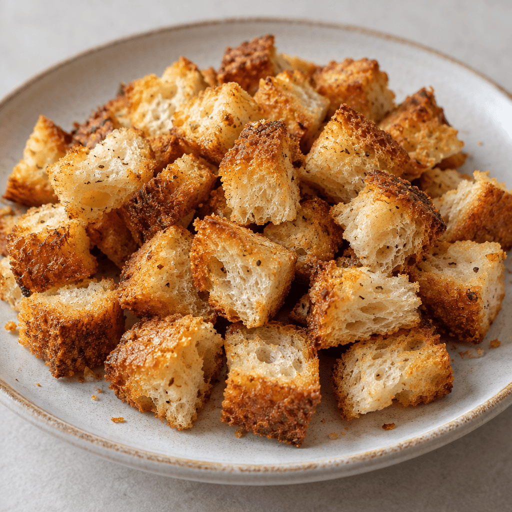Small, irregular cubes of bread with crisp, golden-brown edges and pale, porous centers, scattered in a loose pile on a plate.