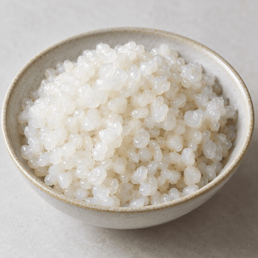 Small, glossy, translucent-white granules with softly rounded, irregular shapes are piled together in a shallow bowl.