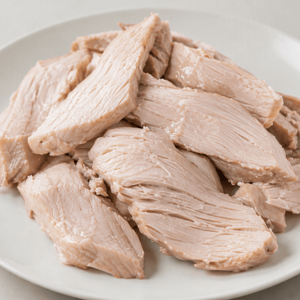 Pale pink-beige turkey fillet pieces with a moist surface and visible fine muscle fibers, loosely arranged on a plain plate.