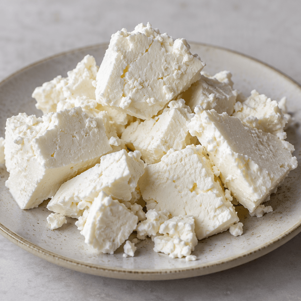 Irregular, hand-broken pieces of moist, firm white cheese with a slightly crumbly surface are arranged on a plate.