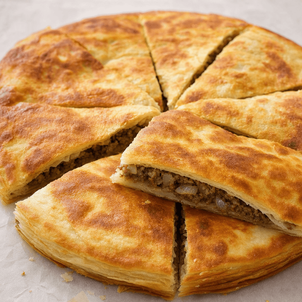 A round, golden-brown layered pastry is cut into wedges, revealing a thin, pale interior and a filling of browned minced meat and finely chopped onion.