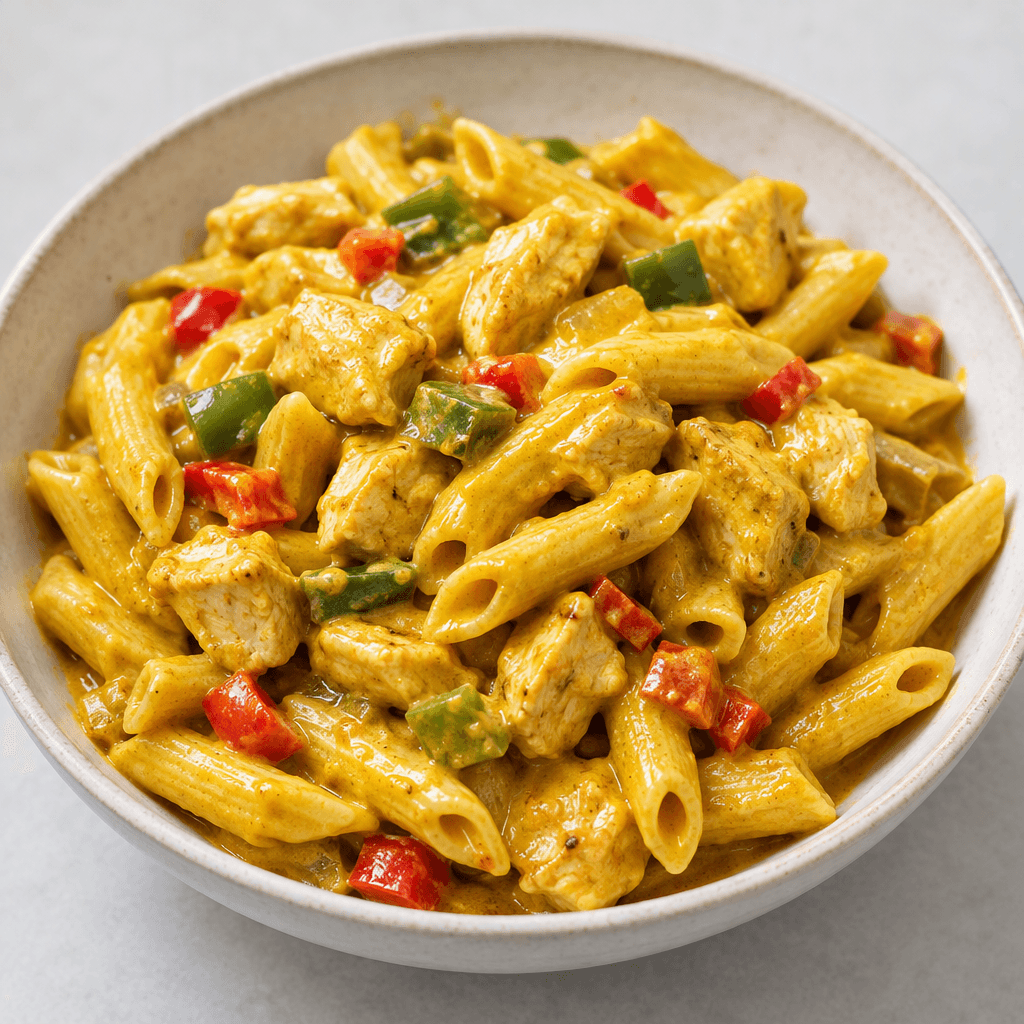 Short pasta is coated in a thick golden-yellow curry sauce, with visible bite-sized pieces of pale chicken and small green and red vegetable pieces, served in a shallow bowl with a glossy, creamy surface.