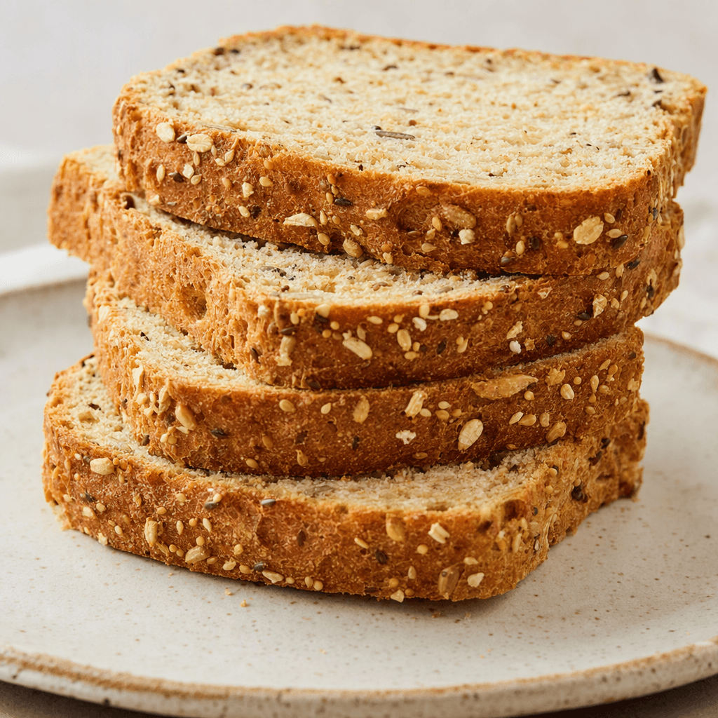 Thick rectangular slices of multigrain bread have a golden-brown crust, a soft beige crumb dotted with visible seeds and grains, and are stacked slightly askew on a plate.