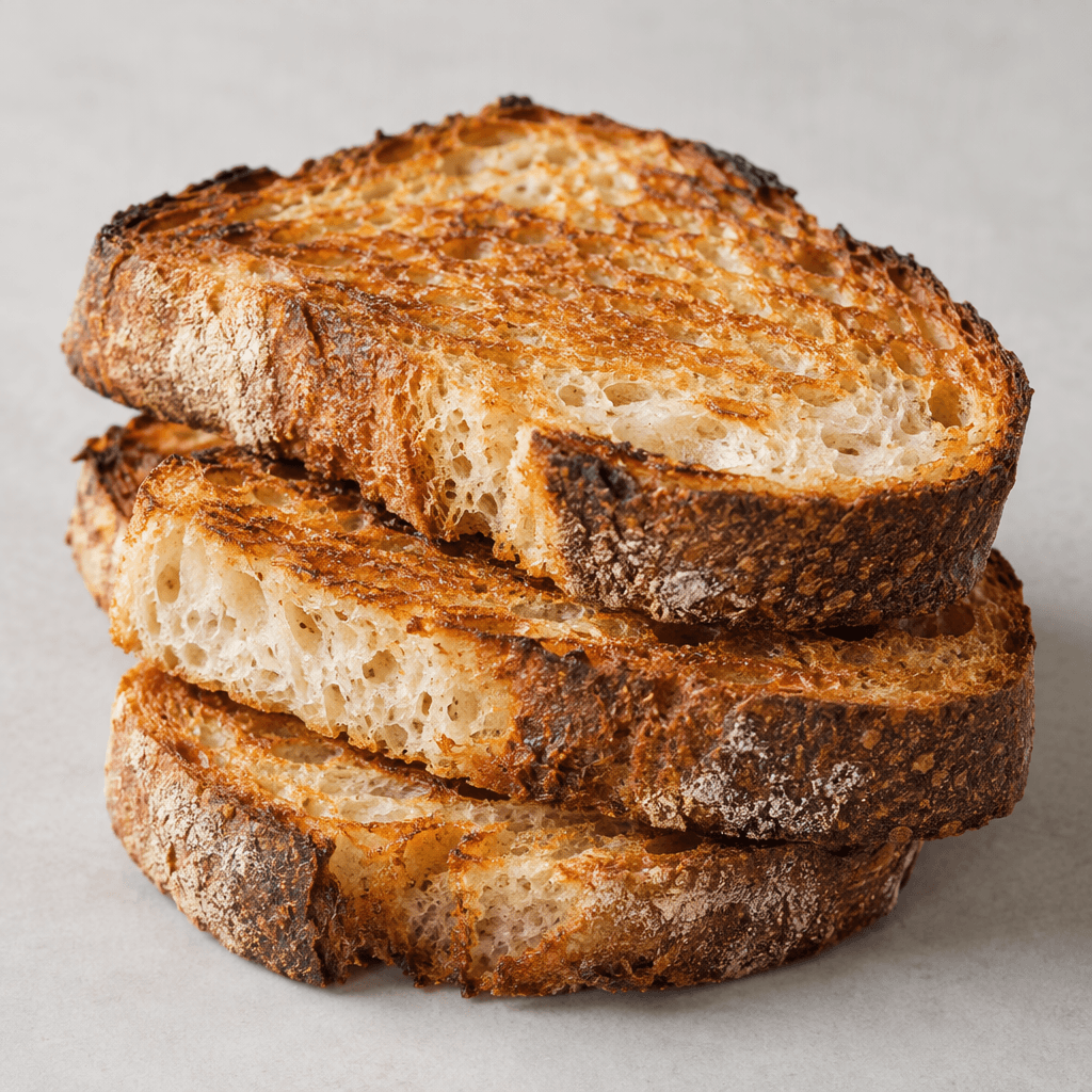 Thick, irregular slices of rustic country bread with a deep golden-brown toasted surface, darker crisp edges, and a pale, porous crumb visible where the slices are cut.