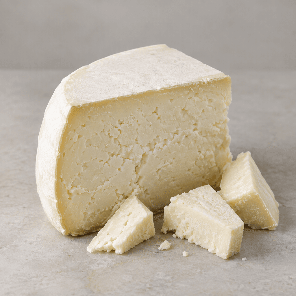 An ivory-white sheep’s-milk cheese sits in a thick wedge, with a firm, slightly crumbly interior and a smooth pale rind, accompanied by a few small cut pieces.