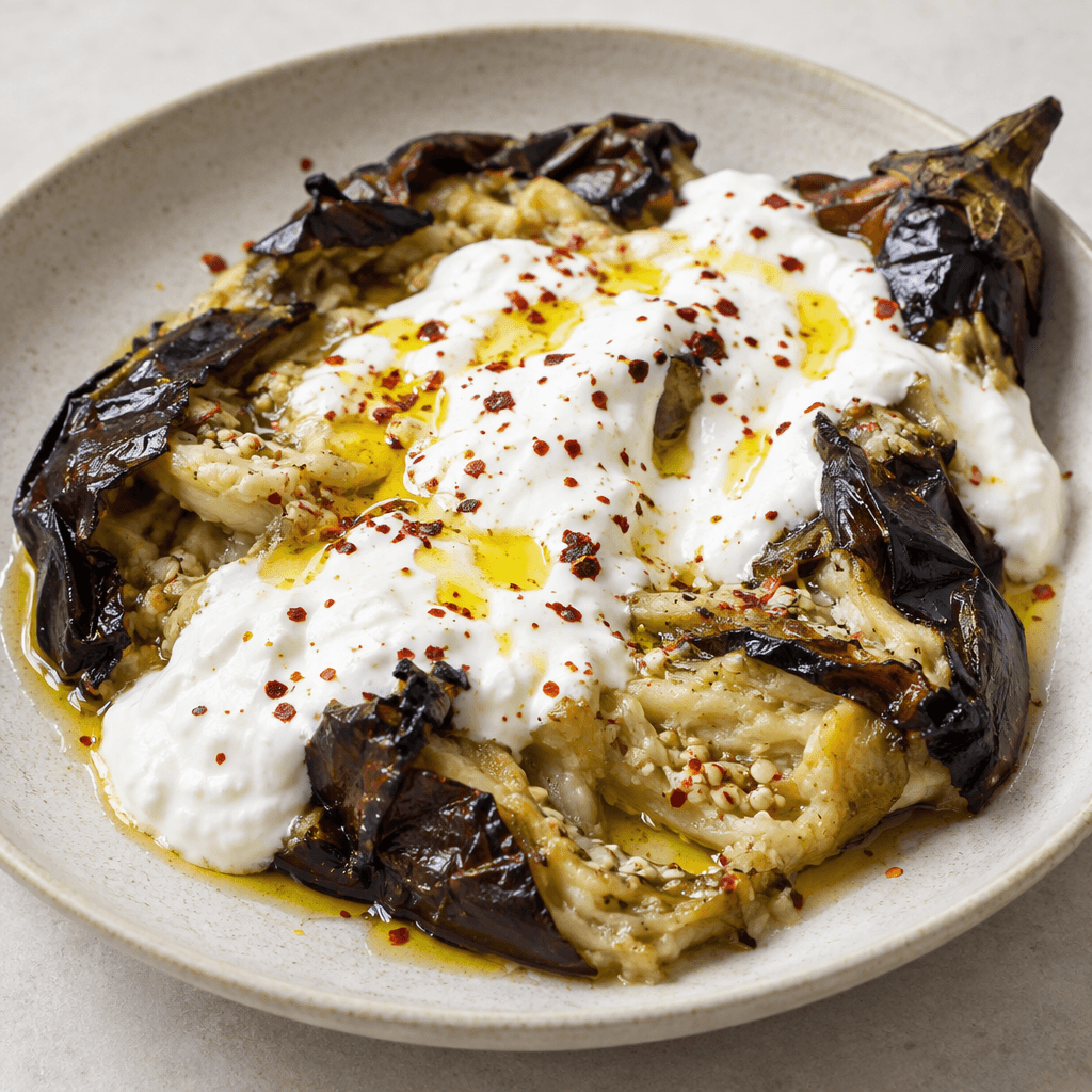 Soft, roughly torn eggplant with blistered blackened skin is arranged on a shallow plate, partly covered with thick white yogurt and finished with a glistening drizzle of olive oil and a light scattering of red pepper flakes.