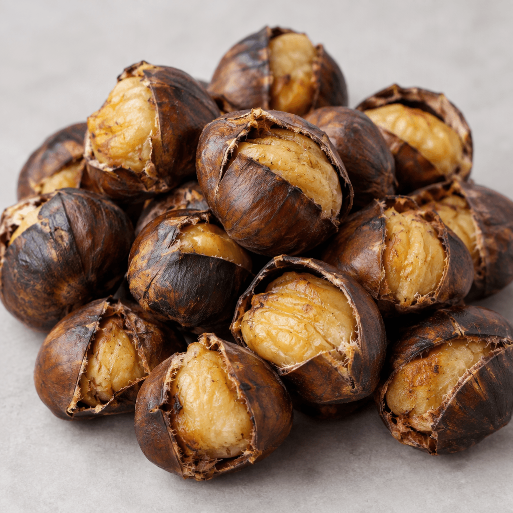 Whole roasted chestnuts with dark brown shells split open to reveal pale golden, softly textured flesh, loosely piled together.