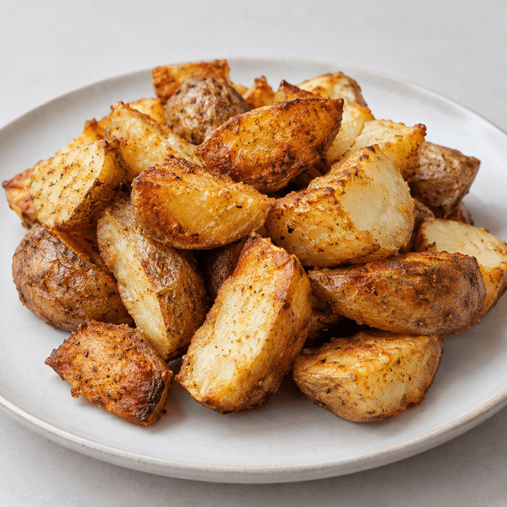 Irregular potato wedges and chunks with crisp, deeply golden-brown edges and skins, pale fluffy interiors visible on some cut surfaces, served in a loose pile on a plate.