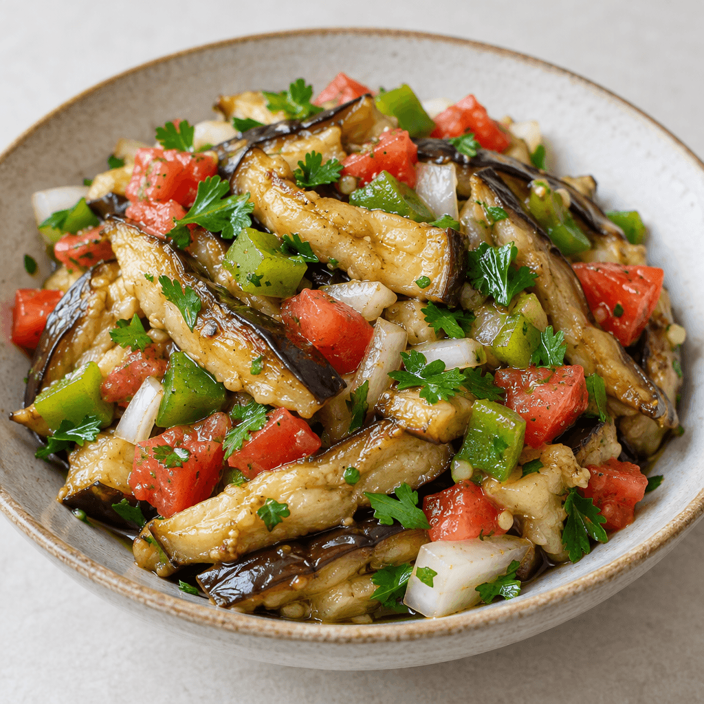 A shallow dish holds a rustic salad of soft, irregular strips of smoky brown-edged eggplant mixed with diced red tomatoes, green peppers, and pale onion, dotted with fresh green parsley and lightly glossy with olive oil.