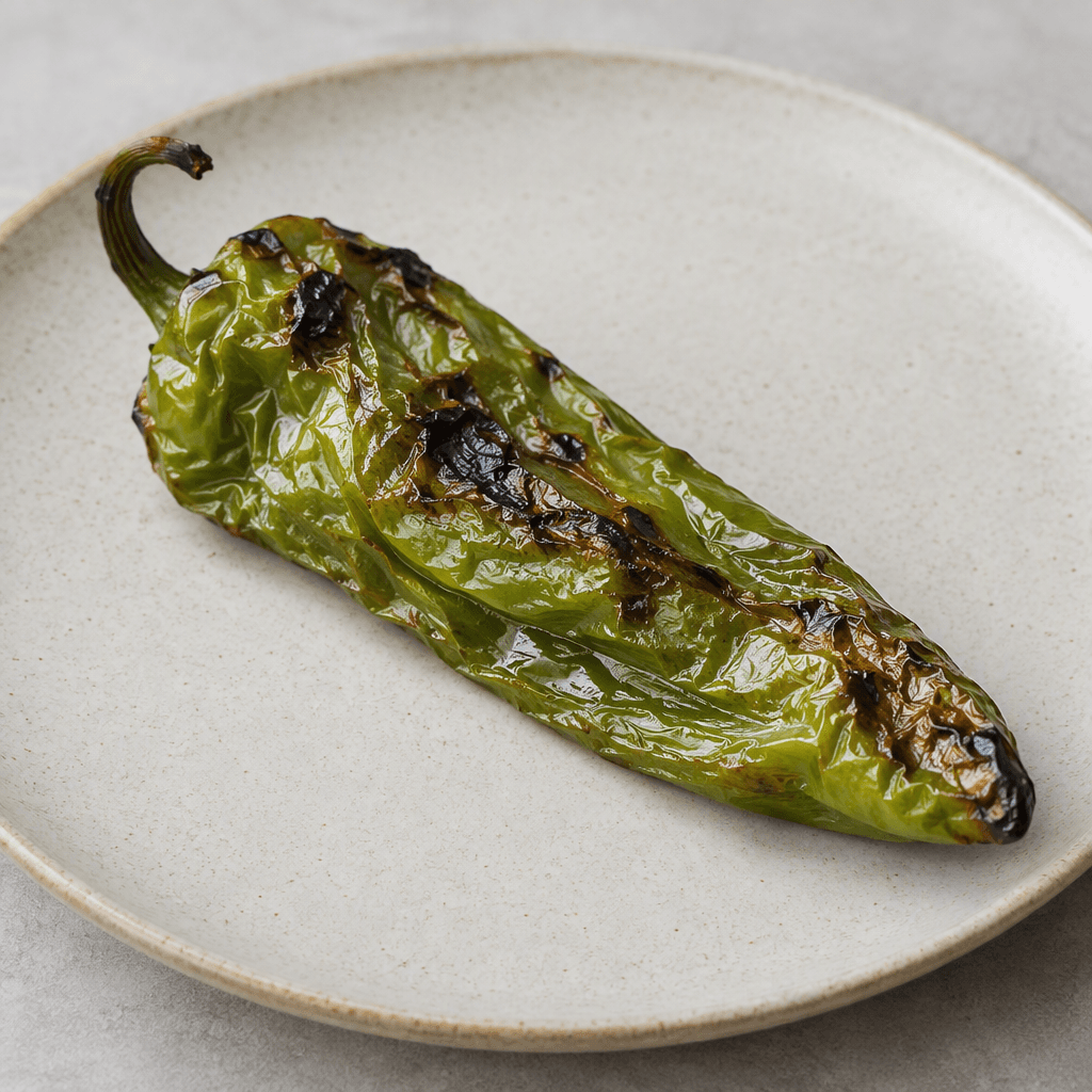 An elongated green pepper with softened, wrinkled skin, dark blistered grill marks, and slightly charred edges, served whole on a plate.