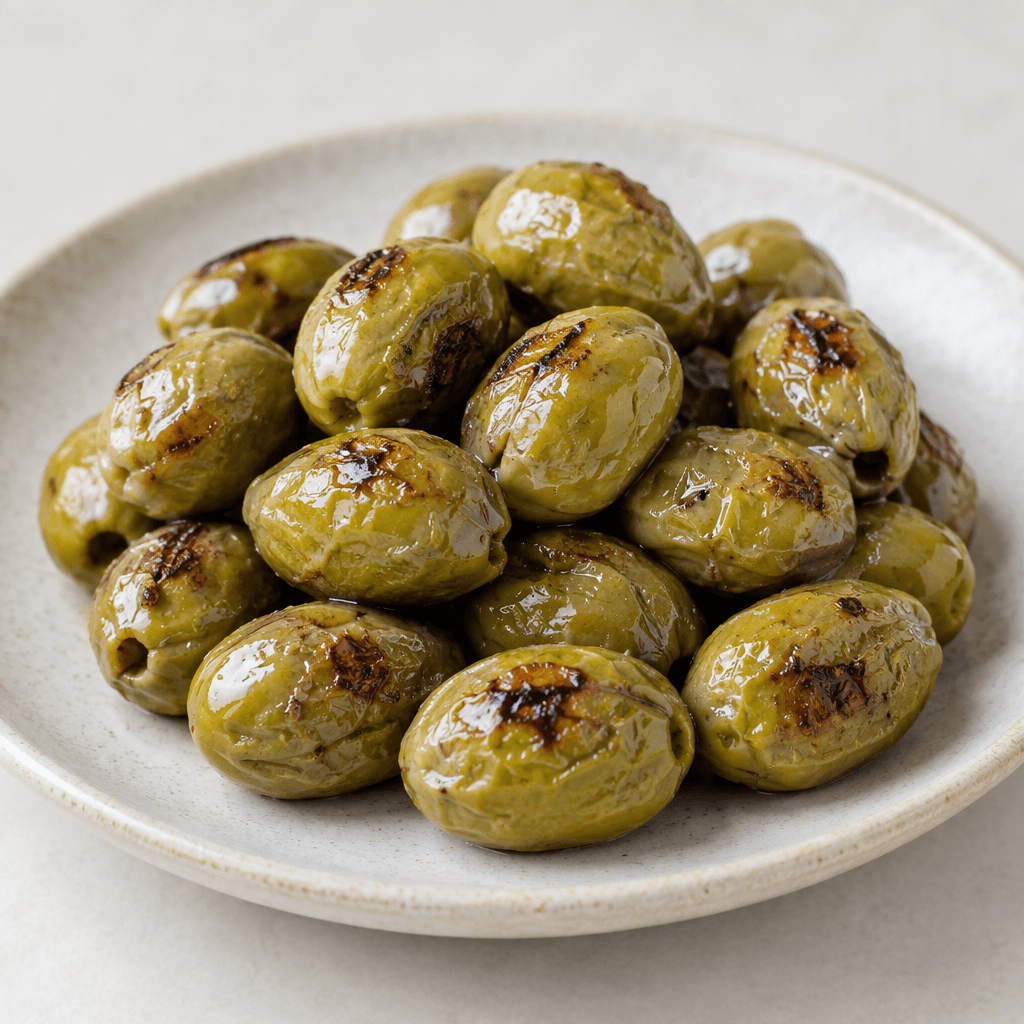 Whole green olives with glossy, wrinkled skins and scattered brown, lightly charred patches are arranged on a plate.