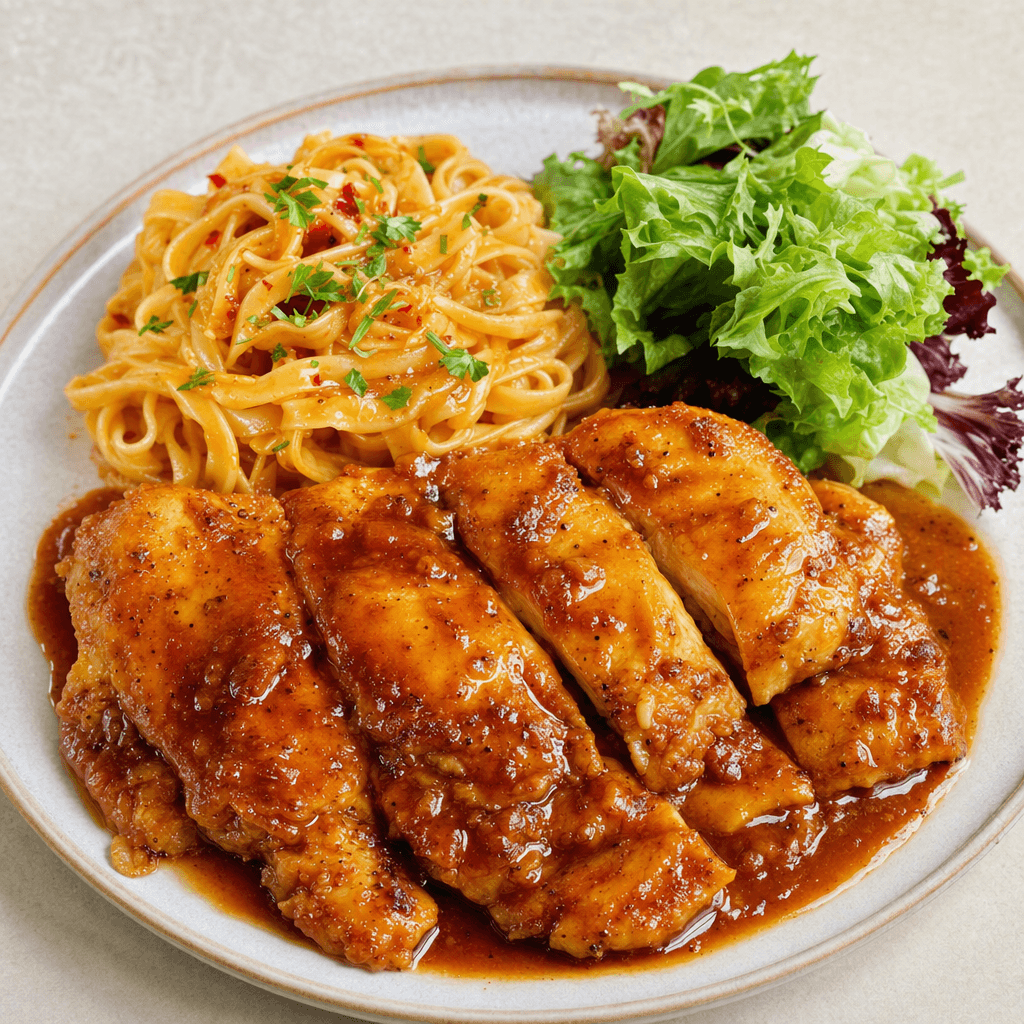 Golden-browned chicken pieces sit in a glossy, reddish-brown sauce beside a mound of pasta and a small green salad on a plate.