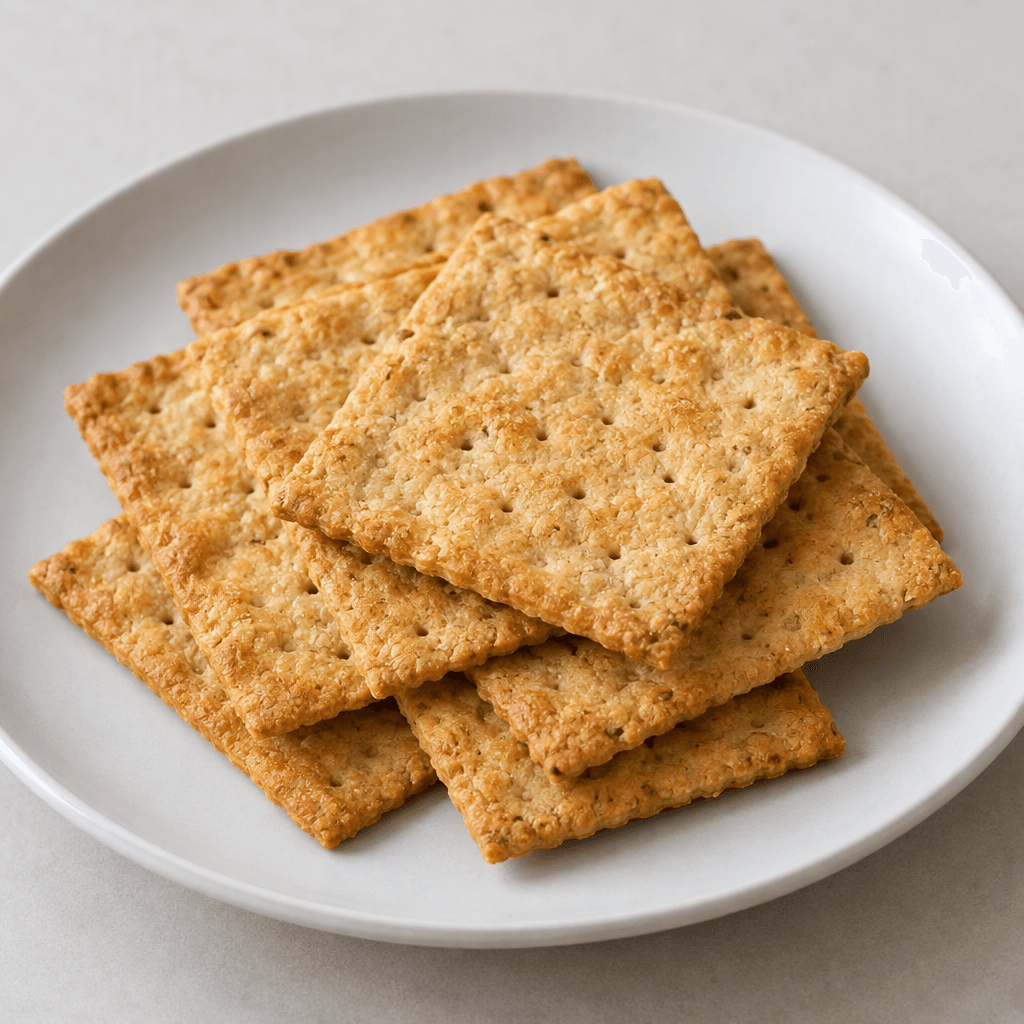 Several thin, flat, golden-brown crackers with slightly rough surfaces, crisp-looking edges, and small perforations are arranged on a plain plate.