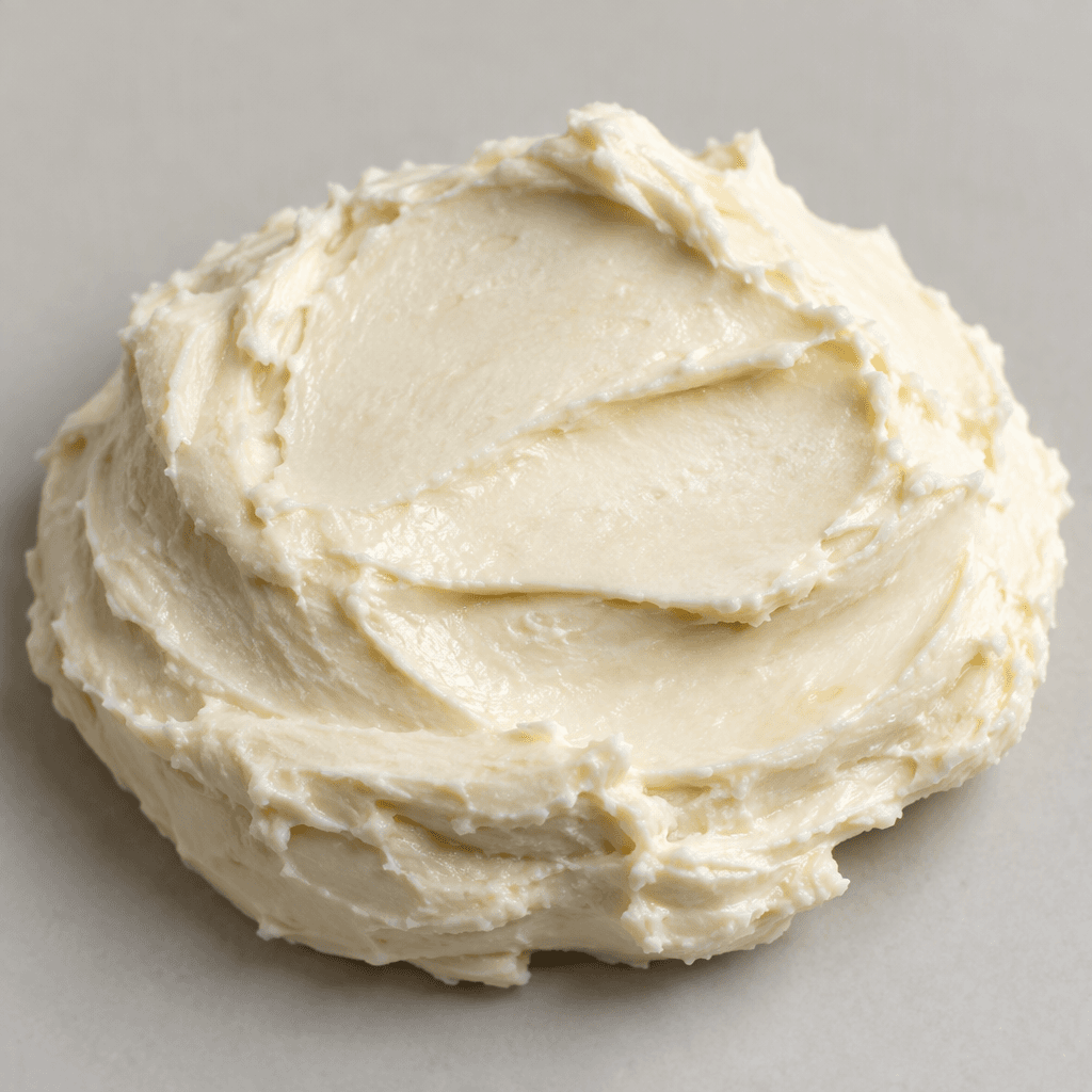 A smooth, dense, off-white spread with a moist sheen, softly piled in a rounded mound with shallow spreading marks.