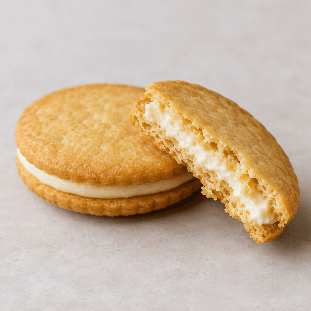 A cream-filled biscuit consists of two thin, golden-brown, crisp biscuits pressed together with a visible layer of smooth white or pale cream filling between them, shown whole and with one broken open to reveal the center.