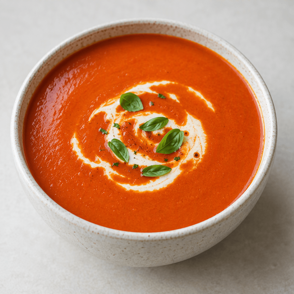 A bowl of smooth, thick tomato soup in a vivid red-orange colour, topped with a small swirl of pale cream and a few green herb leaves, with a glossy surface and no visible chunks.