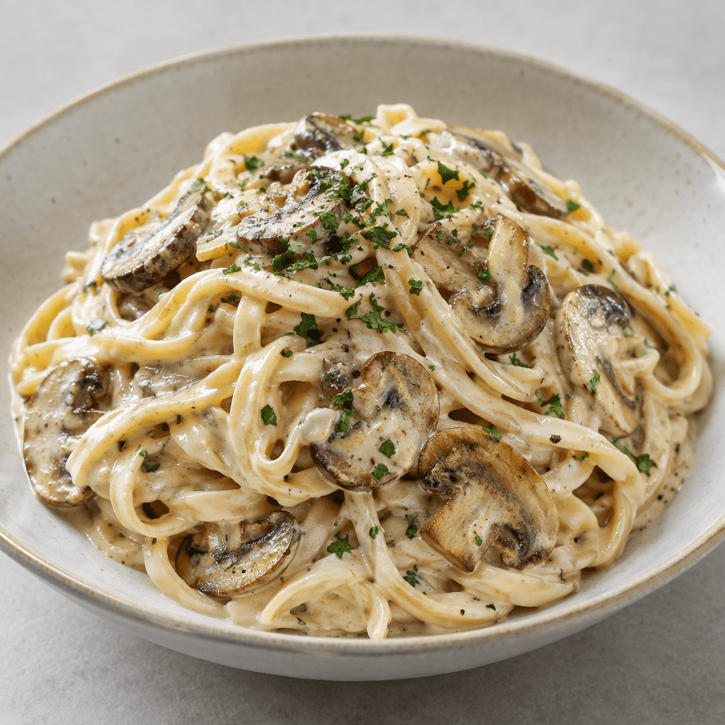 A mound of pale pasta strands is coated in a thick ivory-coloured sauce, with visible browned mushroom slices scattered throughout and a light sprinkle of finely chopped green herbs on top, served in a shallow bowl.