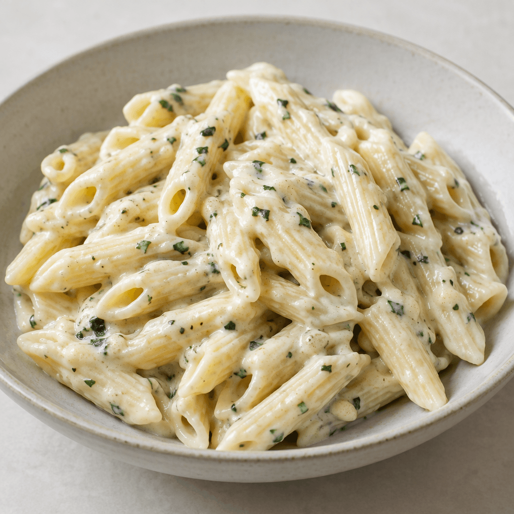 Short ridged penne tubes are coated in a thick, glossy white cream sauce, with small green herb flecks visible throughout, served in a shallow bowl in a loose mound.
