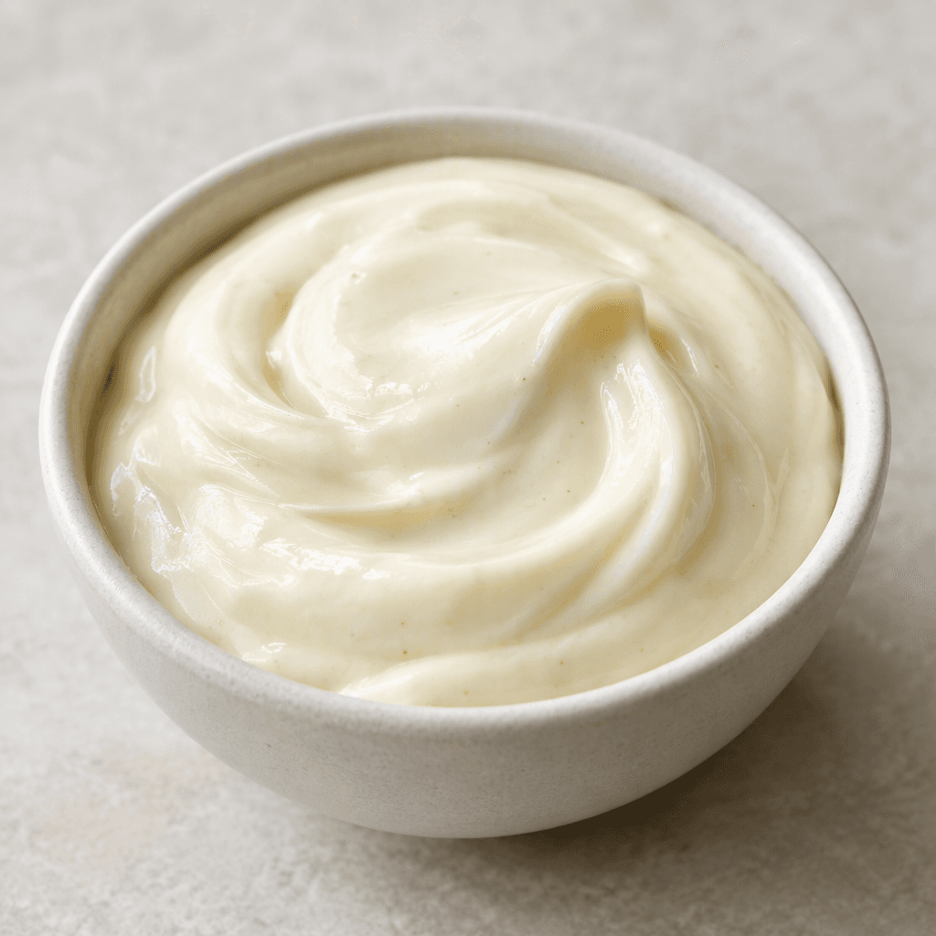 A thick, smooth, glossy off-white dressing with a creamy consistency, served in a small bowl with soft swirls and a slightly rounded surface.