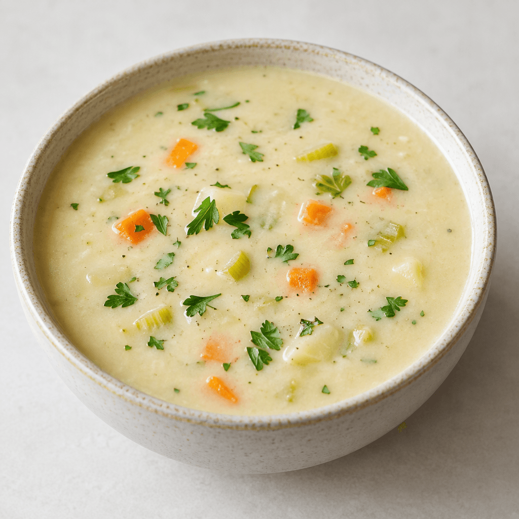 A bowl of pale cream-colored vegetable soup with a smooth, velvety surface, scattered green herb leaves, and a few small diced vegetables visible near the top.