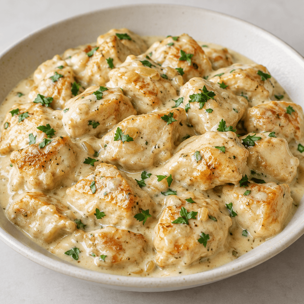 Tender bite-sized pieces of golden-brown chicken are coated in a thick, glossy pale cream sauce and served in a shallow dish, with a few green herb flecks scattered over the surface.