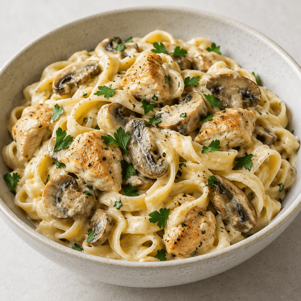 A shallow bowl holds pale ribbon pasta coated in a glossy creamy sauce, mixed with bite-sized golden chicken pieces and sliced brown mushrooms, with a few green herb leaves scattered over the top.