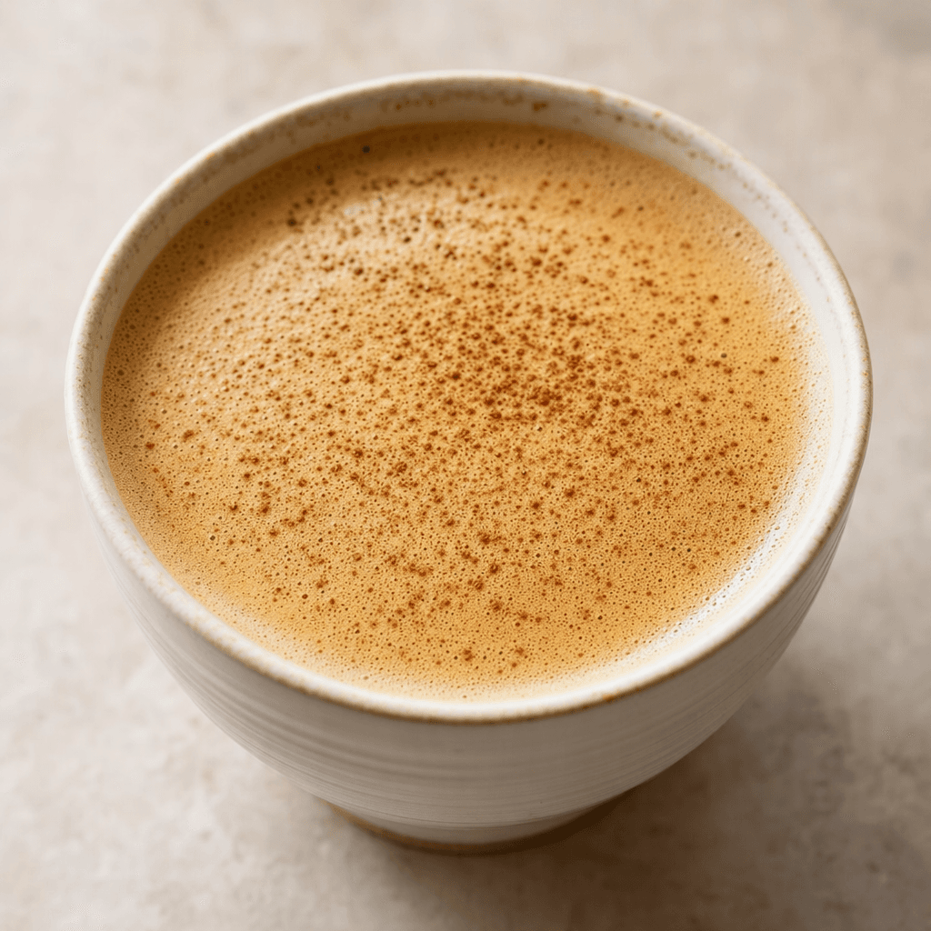 A smooth, creamy light caramel-brown latte fills a cup, with a thin layer of foam dusted with fine brown spice and no whipped cream.