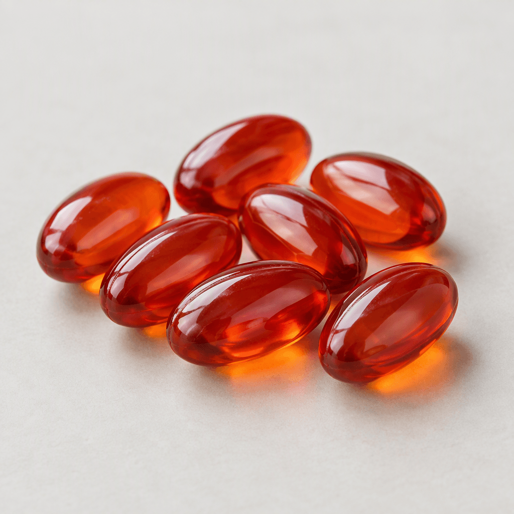Several small, oval, translucent deep red-orange softgel capsules with smooth, glossy surfaces, shown together on a plain surface.