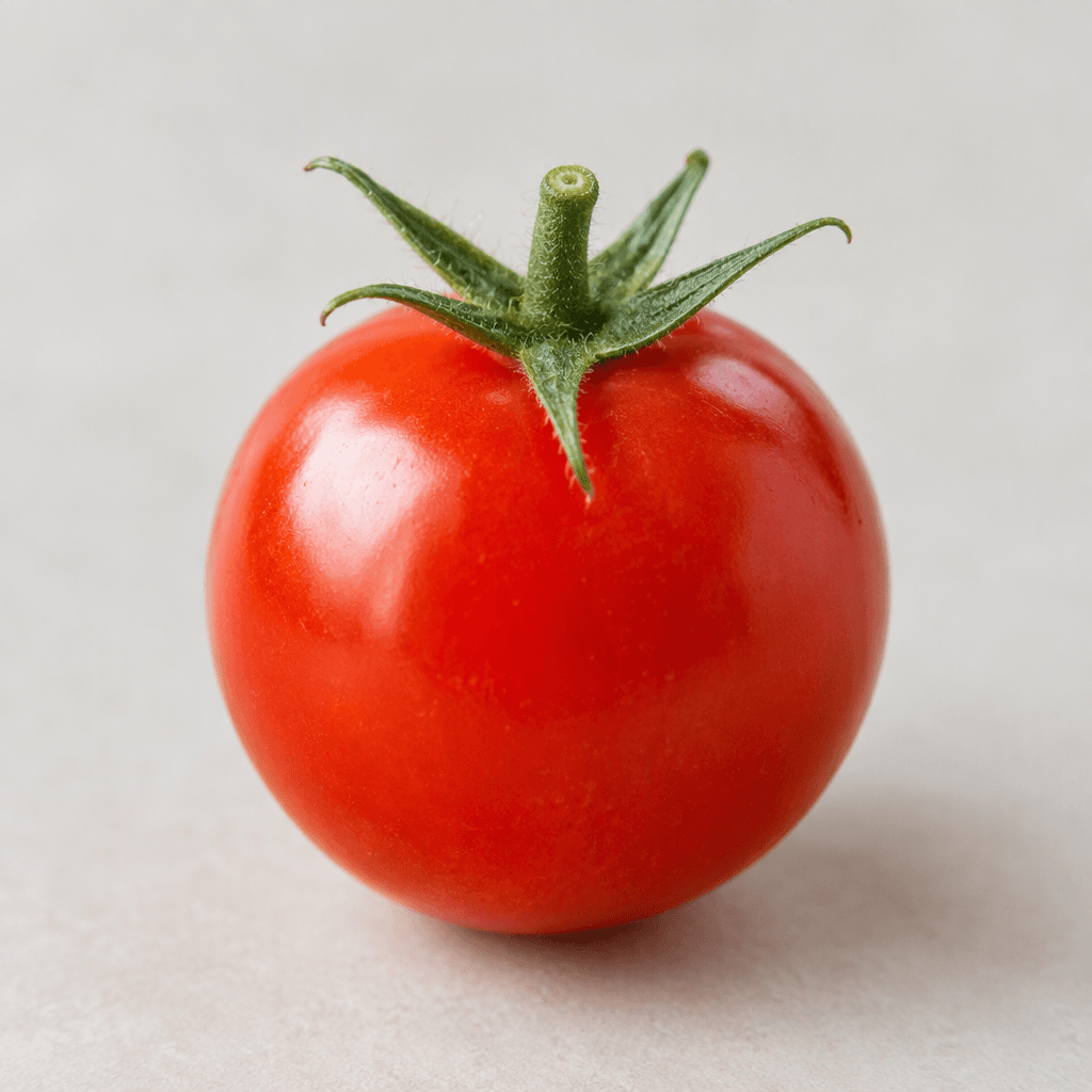 A small, round tomato with smooth, glossy red skin and a short green stem attached at the top.