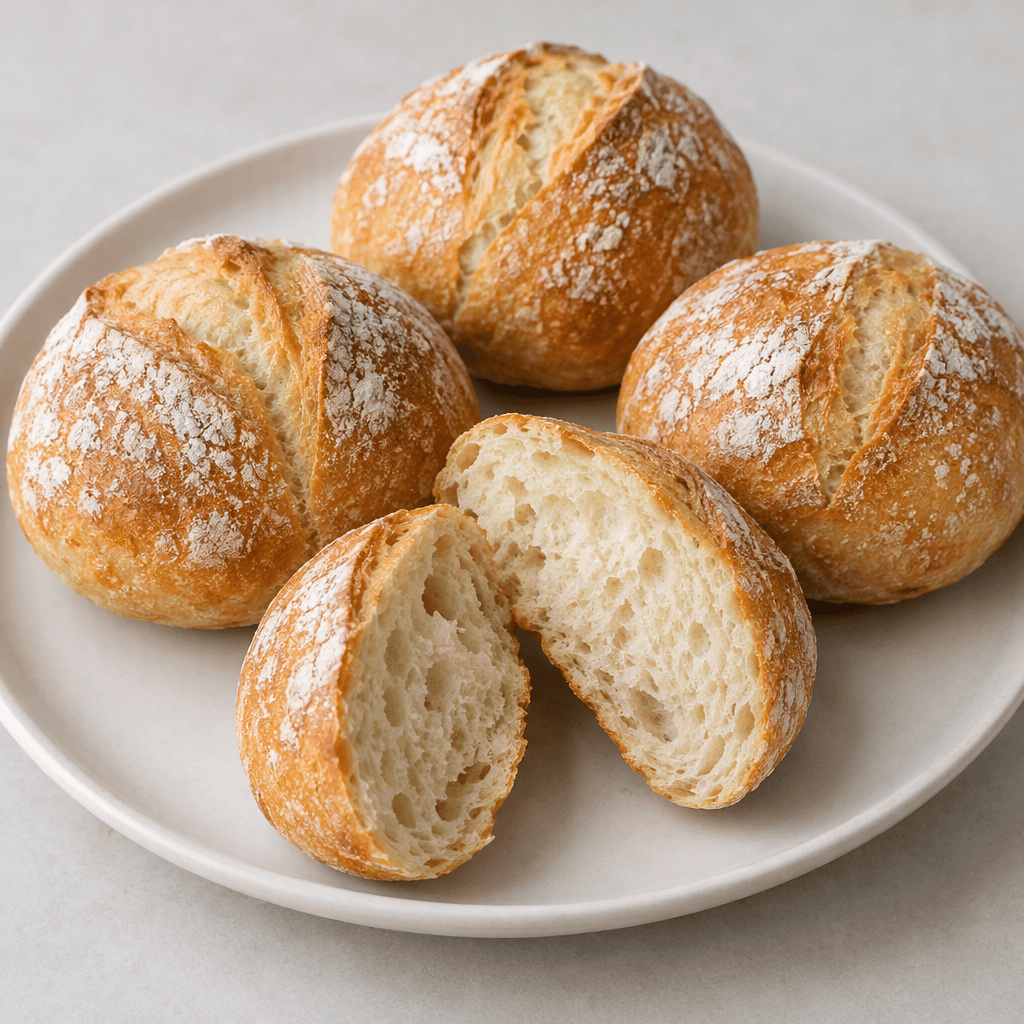 Small, palm-sized round loaves with golden-brown crusts, lightly flour-dusted surfaces, and soft, pale interiors visible where one has been cut open, arranged on a plain plate.